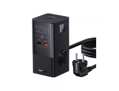 Baseus PowerCombo, Βάση Φόρτισης 100W, 2x AC, 2x USB-C, 2x USB-A με Καλώδιο 1.5m, Black