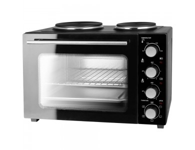 Emerio Mini Oven, 32L Oven with 2 Burners, Built-In Light, Double Insulated Door, Black