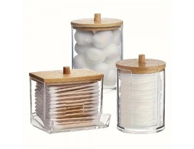 AJ Plastic Swab Dispenser with Wooden Lids, Πλαστικά Βαζάκια Αποθήκευσης για Μπατονέτες, Cotton Pads & Cotton Balls, Σετ των 3