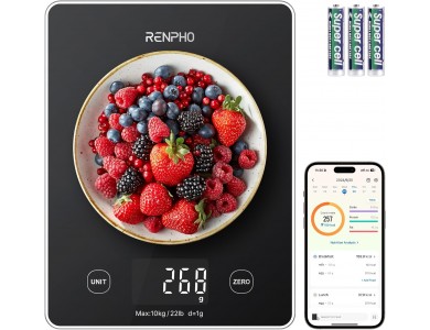 Renpho Calibra 1L, Digital Kitchen Scale 10kg Accuracy 1gr with Nutrition Computer with APP, Black