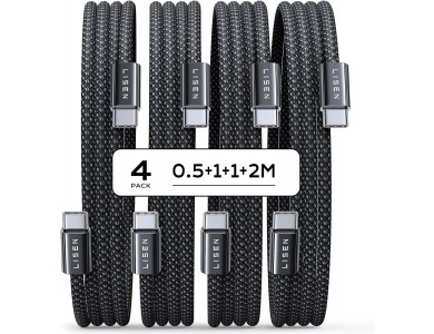 LISEN Set of 4 USB-C to USB-C Cables, 60W, PD 3.0, 0.5m+2*1m+2m Nylon Braided, Black