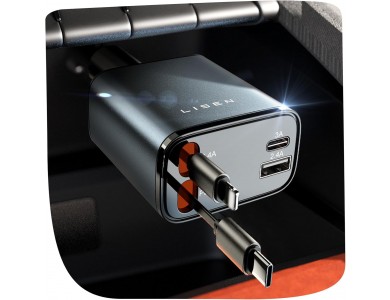 LISEN Car Charger 69W with Built-in USB-C & Lightning Cables up to 80cm & USB-C & USB-A Ports, Gray