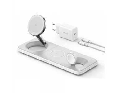 Anker MagGo Foldable 3-in-1 Qi2 Ασύρματος Μαγνητικός Φορτιστής iPhone 14 / 15, AirPods & Apple Watch με Φορτιστή Πρίζας, White