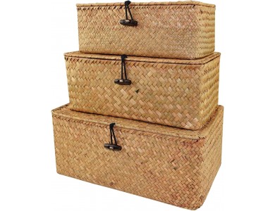 AJ 3-Pack Seagrass Storage Baskets with Lid, Καλάθια Αποθήκευσης Ψάθινα Ορθογώνια με Καπάκι, Σετ των 3τμχ (S+M+L), Brown