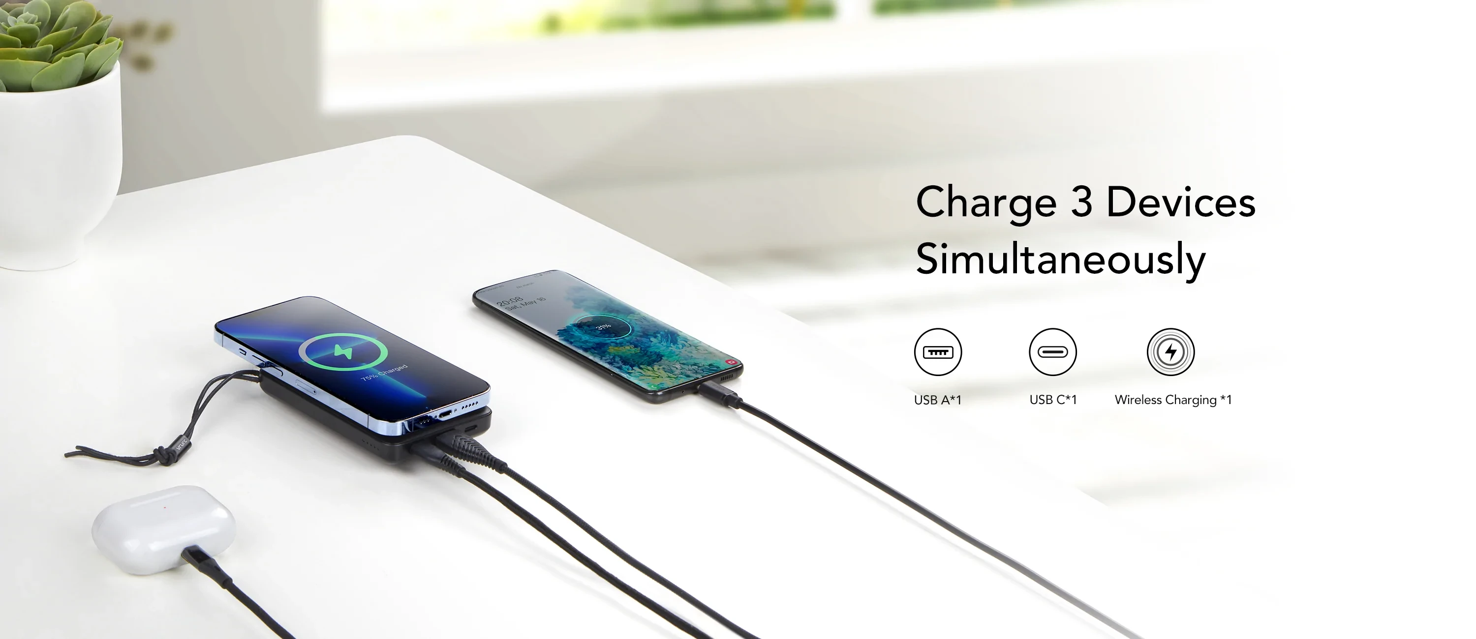 Veger MagOn 10K, Magnetic Power Bank 10.000mAh Wireless Charger 15W for  iPhone, White